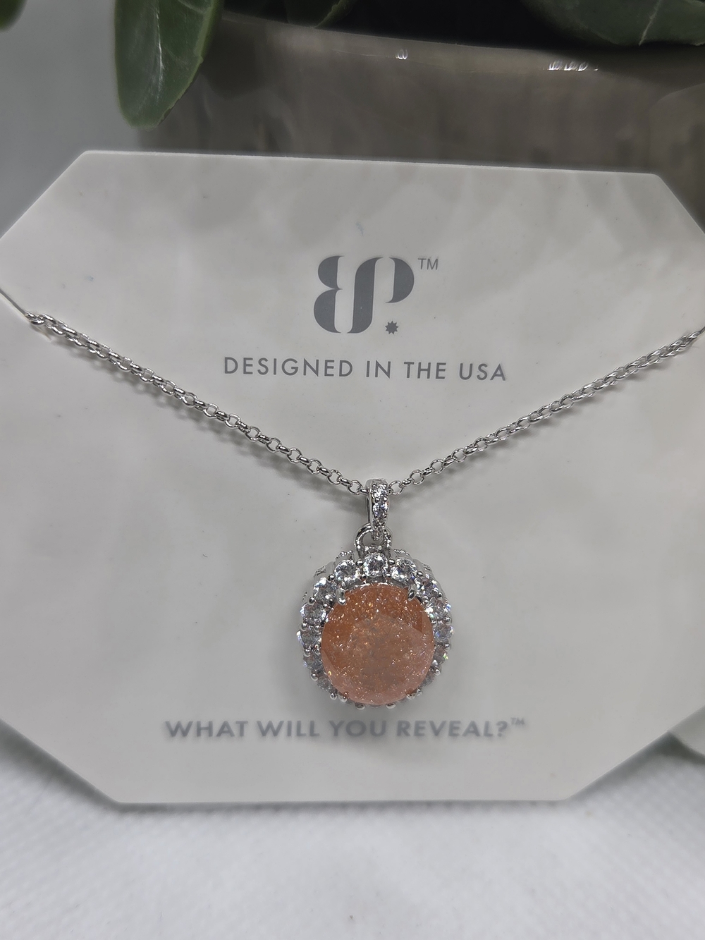 BP Peach Ice Crystal 2424 Necklace On Rhodium Plating
